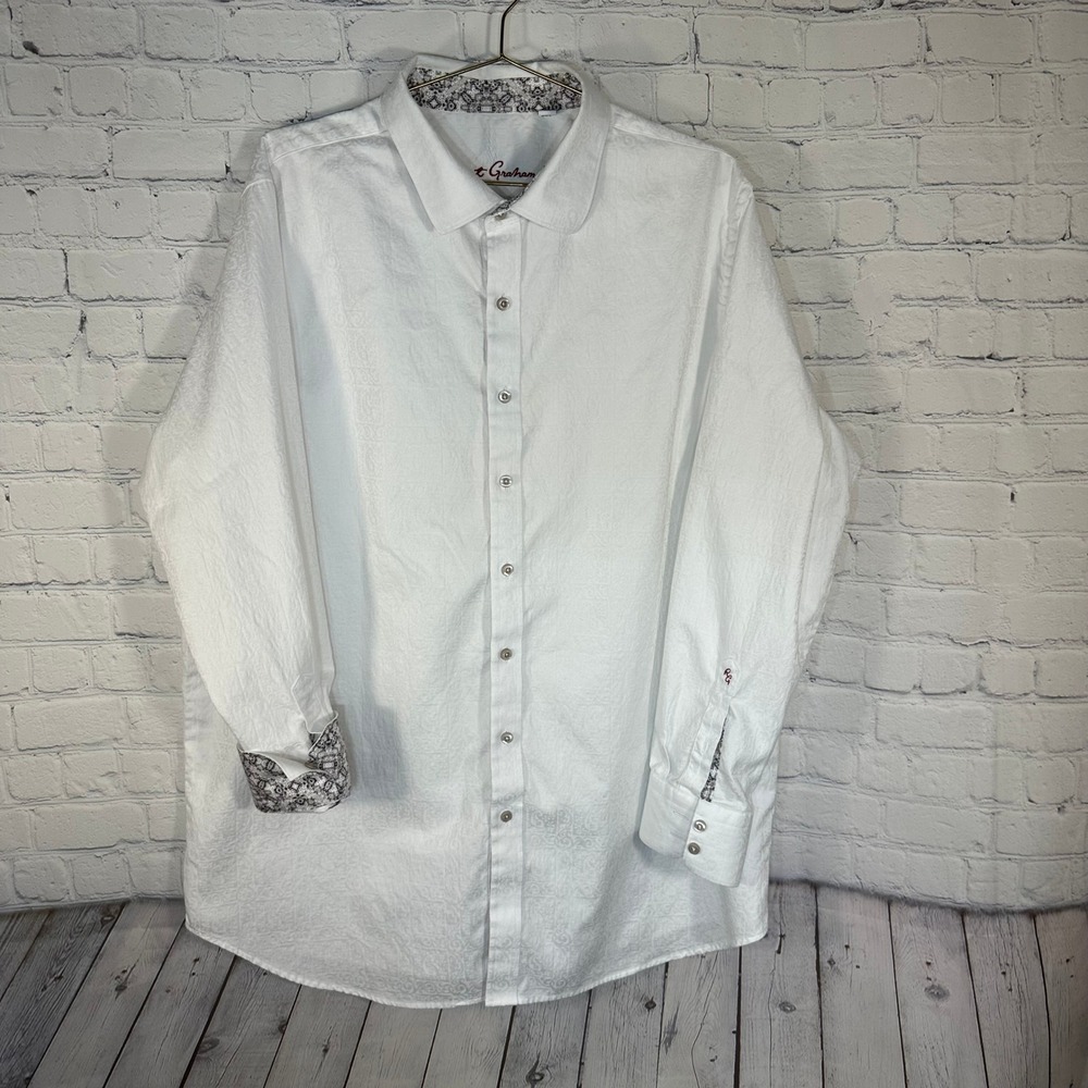 Robert Graham Mens White Jacquard Paisley Long Sleeve Button Down Shirt 2XL